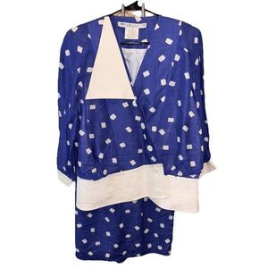 JOANIE CHAR Collections Jacket Skirt Set 12 Vintage Lined Blue White Linen Silk